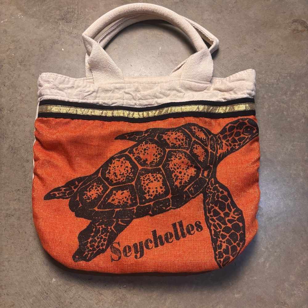 Seychelles Tropical Sea Turtle Canvas Beach Tote Bag Orange/Gold